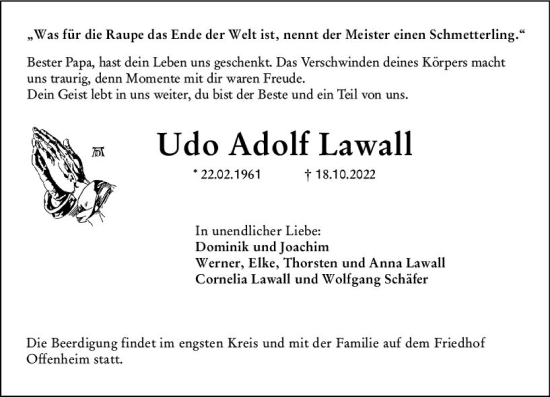 Traueranzeige von Udo Adolf Lawall von vrm-trauer Allgemeine Zeitung Alzey