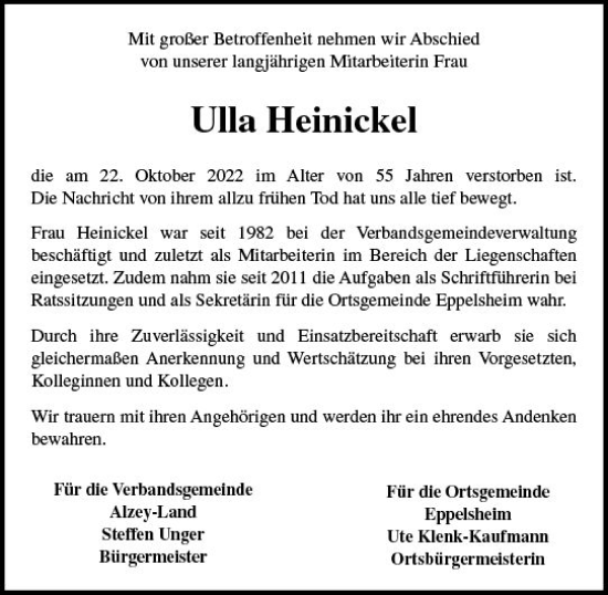 Traueranzeige von Ulla Heiniekel von vrm-trauer Allgemeine Zeitung Alzey