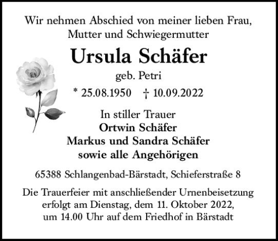 Traueranzeige von Ursula Schäfer von vrm-trauer Wiesbadener Kurier