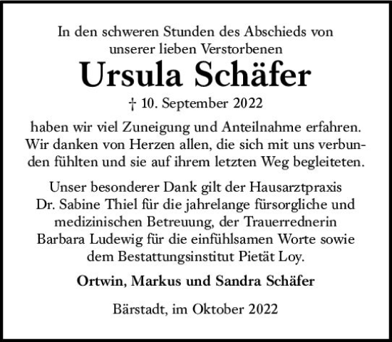 Traueranzeige von Ursula Schäfer von vrm-trauer Wiesbadener Kurier