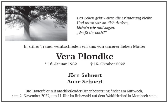 Traueranzeige von Vera Plondke von vrm-trauer AZ Mainz