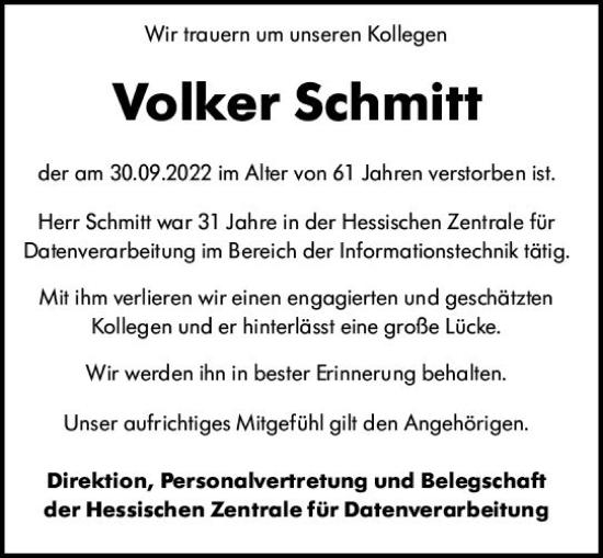 Traueranzeige von Volker Schmitt von vrm-trauer Wiesbadener Kurier