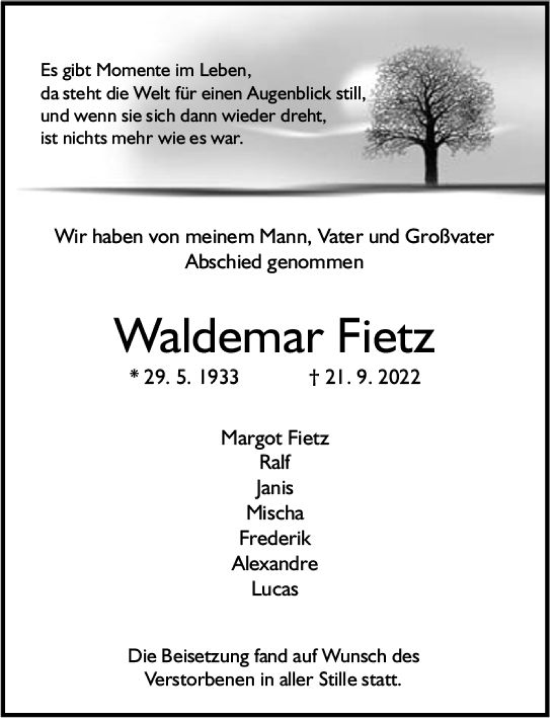 Traueranzeige von Waldemar Fietz von vrm-trauer AZ Mainz