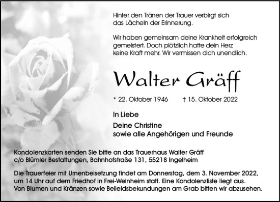 Traueranzeige von Walter Gräff von vrm-trauer Allgemeine  Zeitung Ingelheim-Bingen