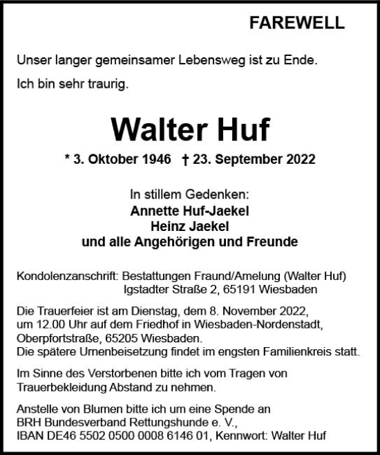 Traueranzeige von Walter Huf von vrm-trauer Wiesbadener Kurier
