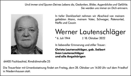 Traueranzeige von Werner Lautenschläger von vrm-trauer Odenwälder Echo