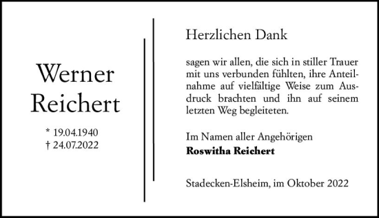Traueranzeige von Werner Reichert von vrm-trauer AZ Mainz