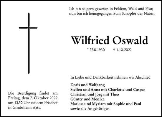 Traueranzeige von Wilfried Oswald von vrm-trauer Wormser Zeitung