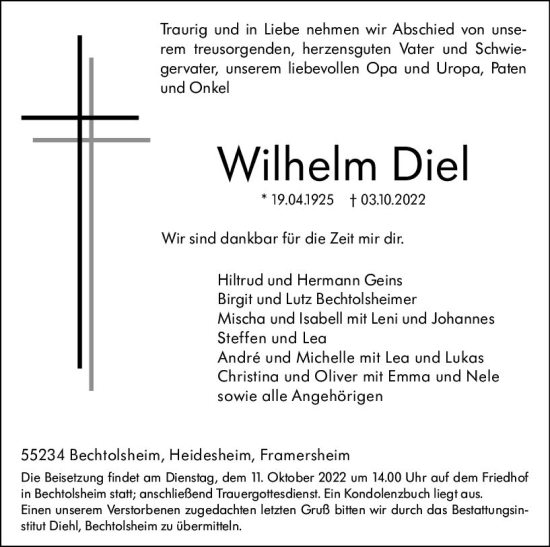 Traueranzeige von Wilhelm Diel von vrm-trauer Allgemeine Zeitung Alzey