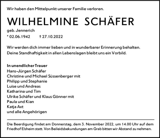 Traueranzeige von Wilhelmine Schäfer von vrm-trauer Allgemeine  Zeitung Ingelheim-Bingen