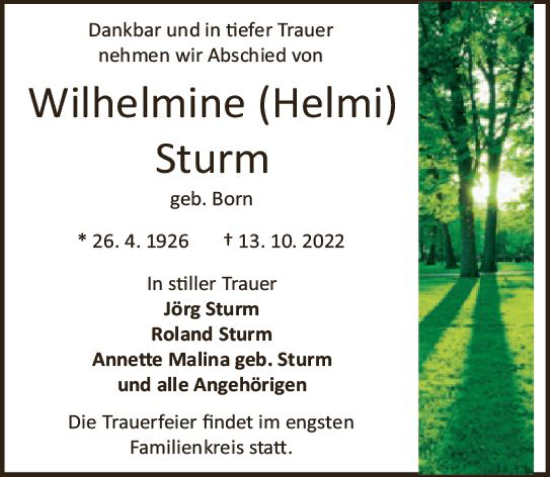 Traueranzeige von Wilhelmine Sturm von vrm-trauer Darmstädter Echo