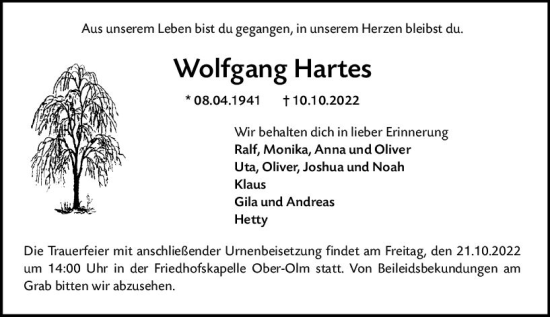 Traueranzeige von Wolfgang Hartes von vrm-trauer AZ Mainz