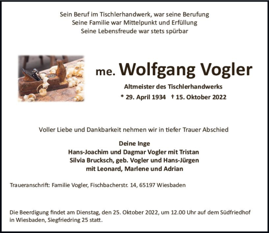 Traueranzeige von Wolfgang Vogler von vrm-trauer Wiesbadener Kurier
