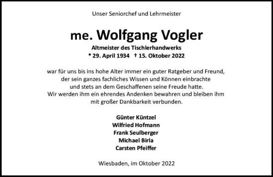 Traueranzeige von Wolfgang Vogler von vrm-trauer Wiesbadener Kurier