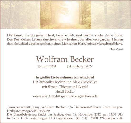 Traueranzeige von Wolfram Becker von vrm-trauer AZ Mainz
