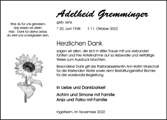 Traueranzeige von Adelheid Gremminger von vrm-trauer Allgemeine  Zeitung Ingelheim-Bingen
