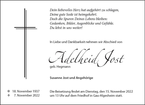 Traueranzeige von Adelheid Jost von vrm-trauer Allgemeine  Zeitung Ingelheim-Bingen