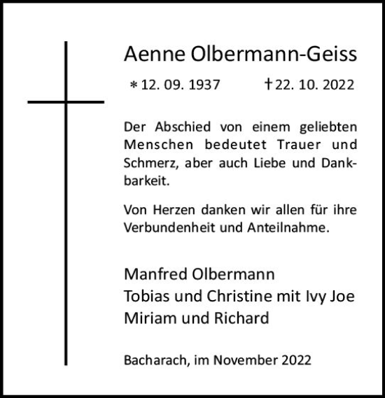 Traueranzeige von Aenne Olbermann-Geiss von vrm-trauer Allgemeine  Zeitung Ingelheim-Bingen
