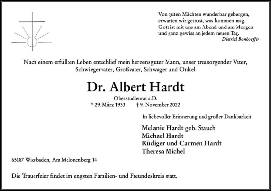 Traueranzeige von Albert Hardt von vrm-trauer Wiesbadener Kurier