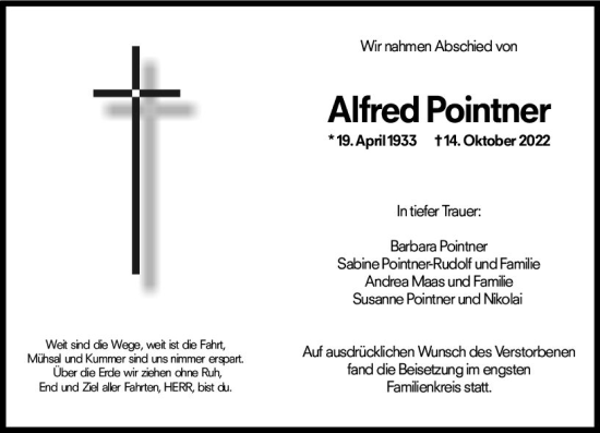 Traueranzeige von Alfred Pointner von vrm-trauer Wormser Zeitung