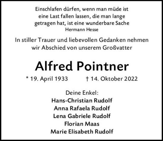 Traueranzeige von Alfred Pointner von vrm-trauer Wormser Zeitung