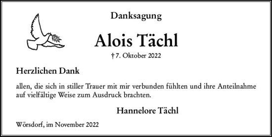 Traueranzeige von Alois Tächl von vrm-trauer Idsteiner Zeitung