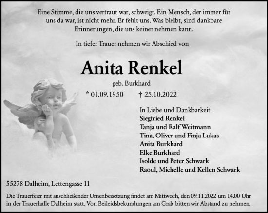 Traueranzeige von Anita Renkel von vrm-trauer AZ Mainz