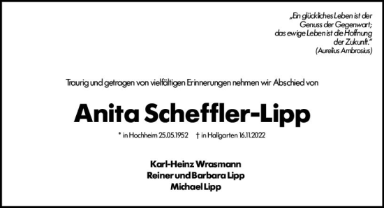 Traueranzeige von Anita Scheffler-Lipp von vrm-trauer Hochheimer Zeitung
