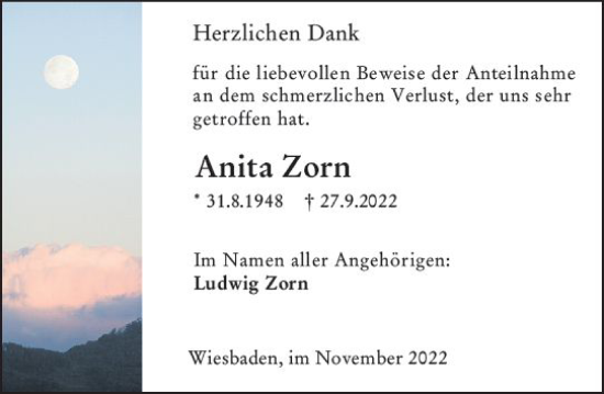 Traueranzeige von Anita Zorn von vrm-trauer Wiesbadener Kurier