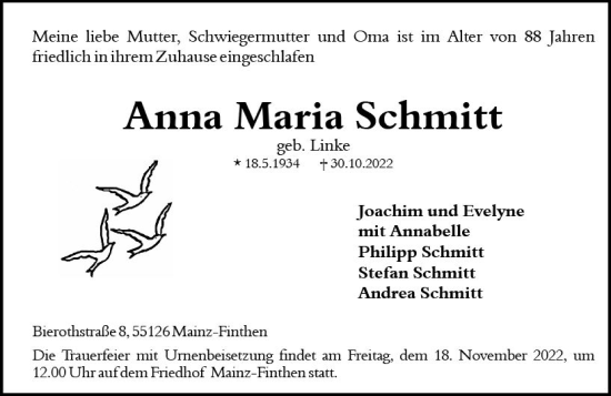 Traueranzeige von Anna Maria Schmitt von vrm-trauer AZ Mainz
