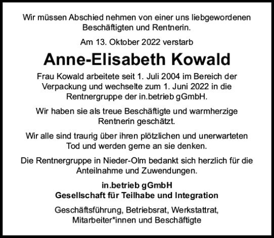 Traueranzeige von Anne-Elisabeth Kowald von vrm-trauer AZ Mainz