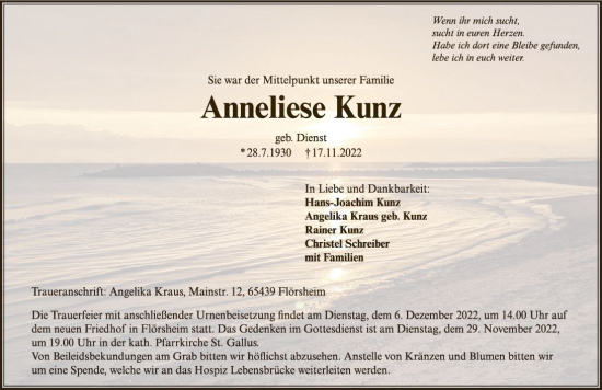 Traueranzeige von Anneliese Kunz von vrm-trauer Rüsselsheimer Echo / MainSpitze