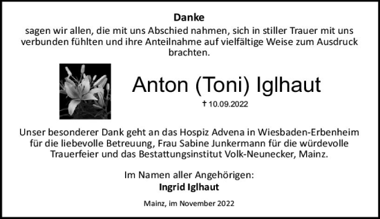 Traueranzeige von Anton lglhaut von vrm-trauer AZ Mainz