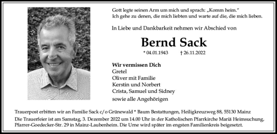 Traueranzeige von Bernd Sack von vrm-trauer AZ Mainz