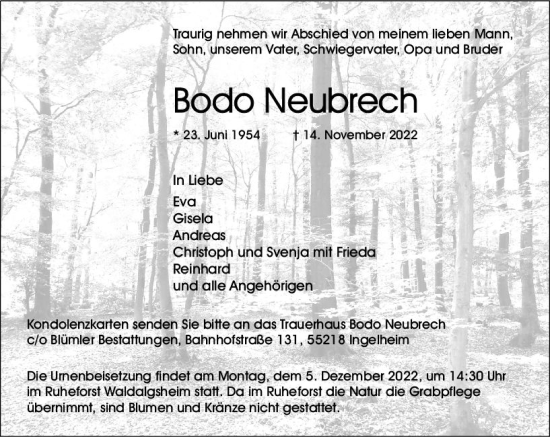 Traueranzeige von Bodo Neubrech von vrm-trauer Allgemeine  Zeitung Ingelheim-Bingen