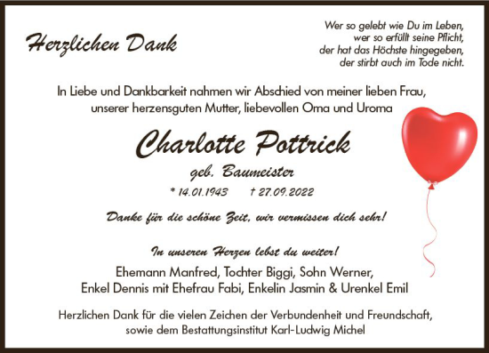 Traueranzeige von Charlotte Pottrick von vrm-trauer Idsteiner Zeitung