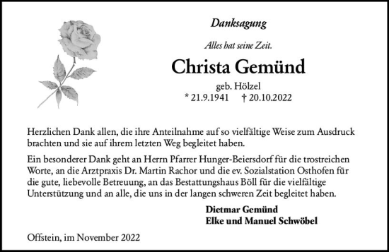 Traueranzeige von Christa Gemünd von vrm-trauer Wormser Zeitung