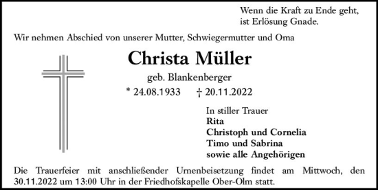 Traueranzeige von Christa Müller von vrm-trauer AZ Mainz
