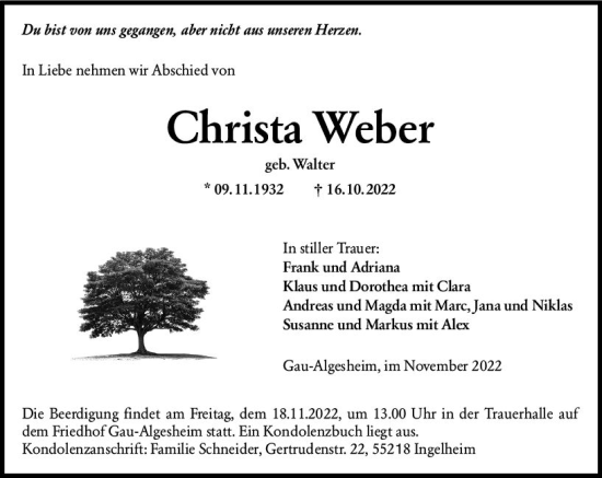 Traueranzeige von Christa Weber von vrm-trauer Allgemeine  Zeitung Ingelheim-Bingen