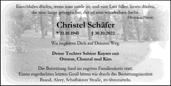 Traueranzeige von Christel Schäfer von vrm-trauer Allgemeine Zeitung Alzey