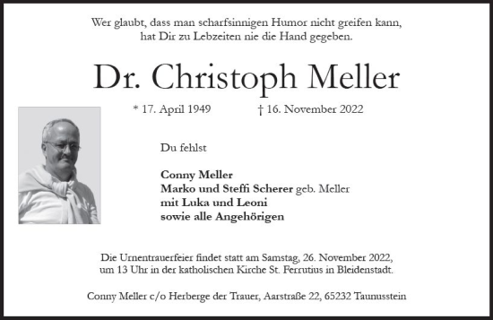 Traueranzeige von Christoph Meller von vrm-trauer Wiesbadener Kurier