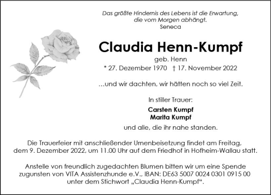 Traueranzeige von Claudia Henn-Kumpf von vrm-trauer Wiesbadener Kurier
