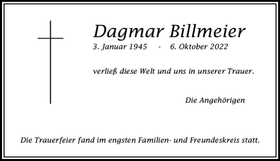 Traueranzeige von Dagmar Billmeier von vrm-trauer AZ Mainz