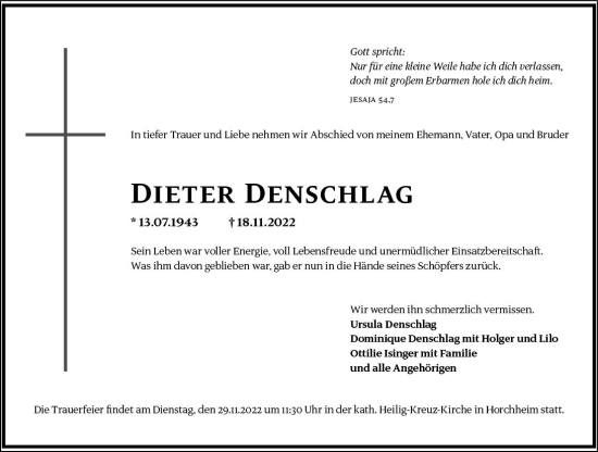 Traueranzeige von Dieter Denschlag von vrm-trauer Wormser Zeitung