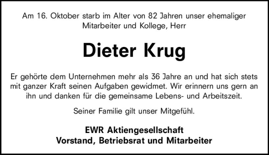 Traueranzeige von Dieter Krug von vrm-trauer Wormser Zeitung