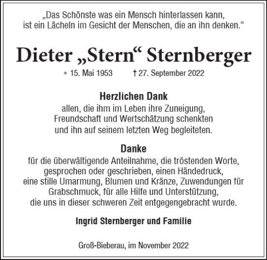 Traueranzeige von Dieter Sternberger von vrm-trauer Darmstädter Echo