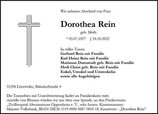Traueranzeige von Dorothea Rein von vrm-trauer AZ Mainz