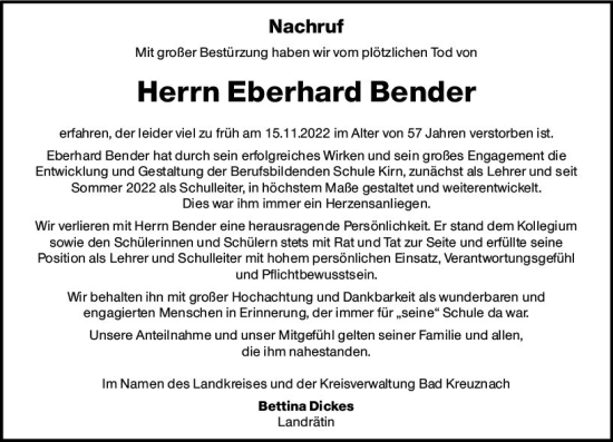 Traueranzeige von Eberhard Bender von vrm-trauer Allg. Zeitung Bad Kreuznach