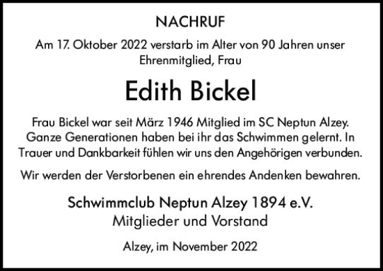 Traueranzeige von Edith Bickel von vrm-trauer Allgemeine Zeitung Alzey