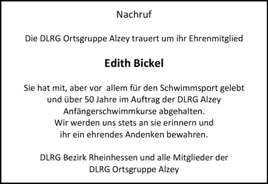 Traueranzeige von Edith Bickel von vrm-trauer Allgemeine Zeitung Alzey